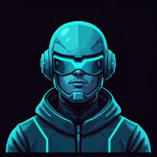 A pixel-art style avatar for a high-stakes sports expert, featuring a futuristic helmet and cool blue skin tones. The aesthetic is digital, sharp, and consistent with a midnight-mode interface, using neon mint accents for high contrast and modern technological feel.
